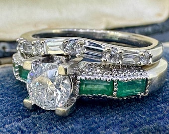 Vintage 14K White Gold Diamond & Emerald Bridal Set, 1.2 CTW Diamonds, 0.70 CT Center Diamond, Natural Emerald Engagement Ring Set, Size 7