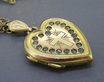 Vintage Heart Locket Pendant Necklace with Cross & Rhinestone Details on 16" Chain