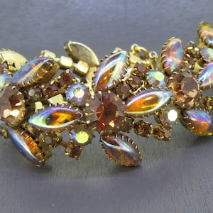 7 3/4" Vintage Golden Rhinestone Bracelet with Caramel Brown and Iridescent Aurora Borealis Glass Stones