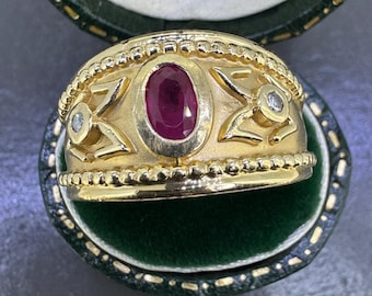 Vintage 14K Gold Natural Ruby Diamond Ring, .60 CTW Ruby, Wide Cigar Band, Size 8.25