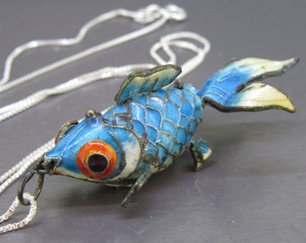Vintage Sterling Blue Enamel Articulated Fish Pendant Necklace with 18" Sterling Chain