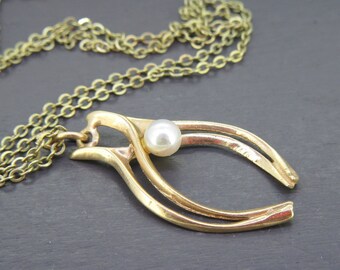 Vintage 14k Wishbone Pendant Necklace, Lucky Charm Jewelry with Vintage 17" Chain