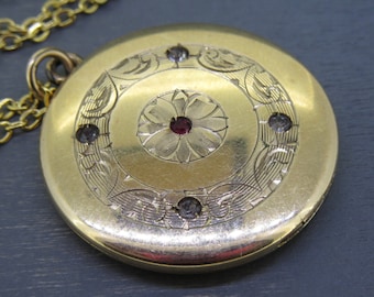 Antique Rhinestone Locket Necklace with 18" Chain, Antique Jewelry