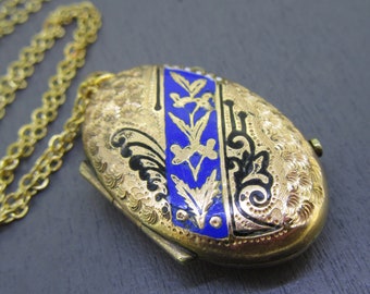 Collar de medallón ovalado antiguo con esmaltado azul y negro, cadena de 18", joyería antigua