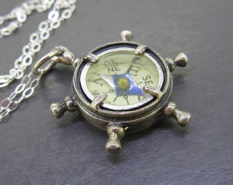 Vintage Sterling Compass Pendant Necklace with New Sterling Silver 16" Chain