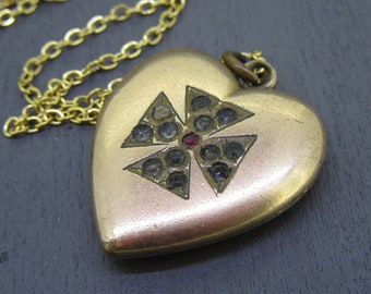 Antique Maltese Cross Rhinestone Heart Locket Pendant Necklace with 18" Chain