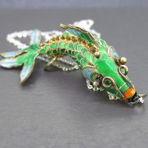 Sterling Bright Green Enamel Articulated Koi Fish Pendant with 18&quot; Sterling Silver Chain