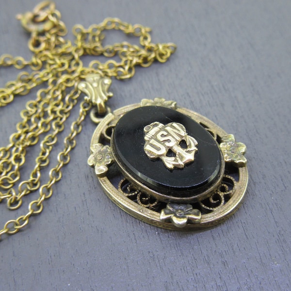 Vintage USN Navy Pendant, 1940s Sweetheart Jewelry with Black Onyx Oval and Flowers