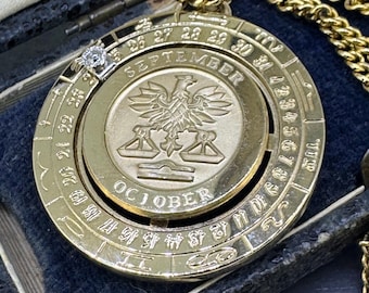 Vintage Libra Zodiac Pendant Necklace by Pierre Cardin with Diamond Enhancer on 24" Chain, Movable Customized Date
