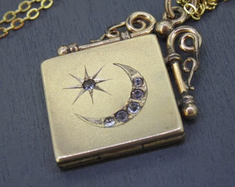 Antique Rhinestone Crescent Moon Locket Necklace with 18" Chain, Antique Victorian Jewelry