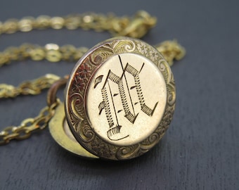 Antique M Initial Locket Necklace with 18" Gold Plated Chain, Small Locket