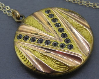 Antique Rhinestone Locket Necklace, Victorian V Rhinestone Locket on 16" Gold Filled Chain