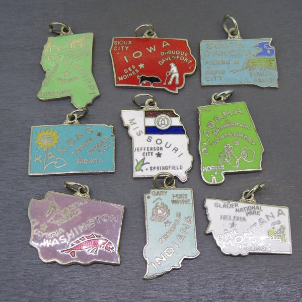 Choice Vintage Enamel State Map Charm con Mississippi, Iowa, South Dakota, Kansas, Missouri, Alabama, Washington, Indiana e Montana