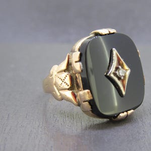 Antique 10k Gold Onyx & Diamond Ring, Size 6 1/2 or 6.5