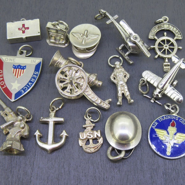 CHOICE Vintage Sterling Military Charm, Army, Navy, Air Force, Civil War, World War 2, World War 1