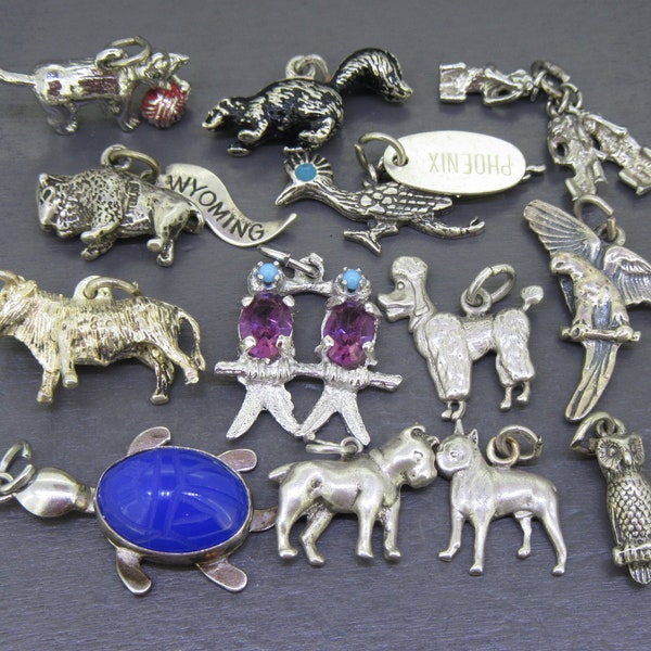 CHOICE Vintage Sterling Animal Charm, Cat with Yarn, Skunk, Three Wise Monkeys, Wyoming Buffalo, Phoenix Roadrunner, Steer Cow, Lovebirds