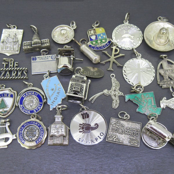 CHOICE Vintage Sterling Silver Bracelet Charm, Disneyland, Capitol Building, Sombrero, Pisces, Ozarks, Western Union, Fire Extinguisher