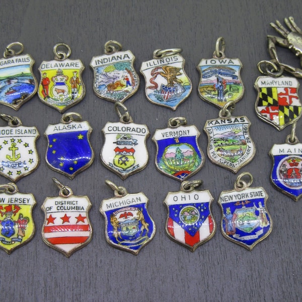 CHOICE Vintage Sterling Enamel State Shield Charm, Niagara Falls, Indiana, Illinois, Iowa, Maryland, Rhode Island, Alaska, Colorado, Ohio