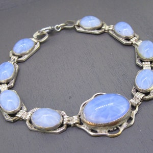Vintage Glass Bracelet with Faux Blue Star Sapphire Glass Cabochons on Silver Tone