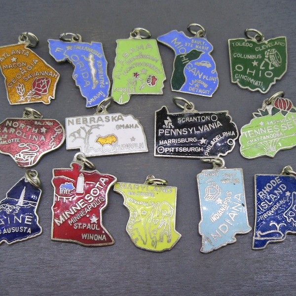 Choice Vintage Enamel State Map Charm, Georgia, Florida, Alabama, Michigan, Ohio, North Carolina, Nebraska, Pennsylvania, Tennessee, Maine