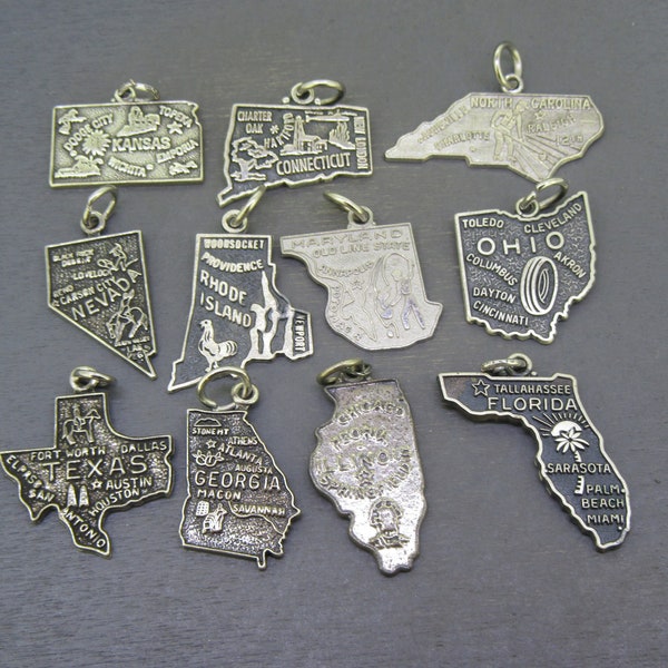 Choice Vintage Sterling State Map Charm of Kansas, Connecticut, North Carolina, Nevada, Rhode Island, Maryland, Ohio, Texas, Georgia