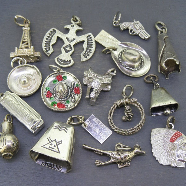 CHOICE Vintage Sterling Southwest or Western Charm, Thunderbird, Teepee, Gun, Musical Bell, Lasso, Harmonica, Saddle, Indian, Sombrero