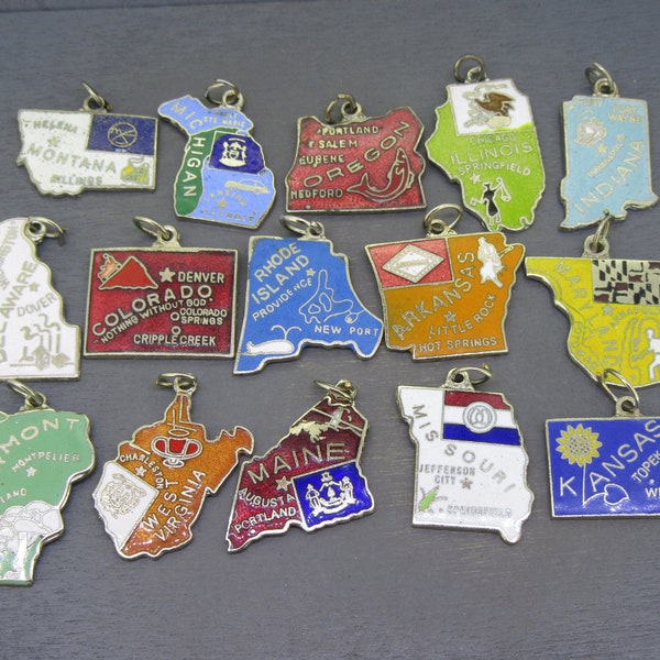 Choice Vintage Enamel State Map Charm, Montana, Michigan, Oregon, Illinois, Indiana, Delaware, Colorado, Rhode Island, Arkansas, Maryland