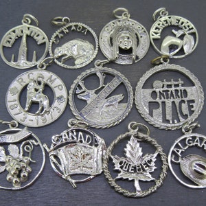 CHOICE Vintage Sterling Canada Souvenir Charm, Keremeos, Calgary, Frobisher Bay, Royal Canadian Police, Edmonton, Ontario Place, Quebec