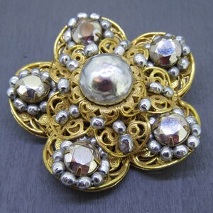 Rare Miriam Haskell Grey Brooch with Metallic Chrome Silver Rhinestones on Gold Brass Filigree, Vintage Jewelry
