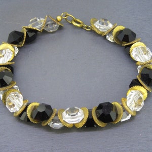 Art Deco Czech Glass Bracelet with Clear & Black Faceted Glass Octagons Interspersed with Brass Gears