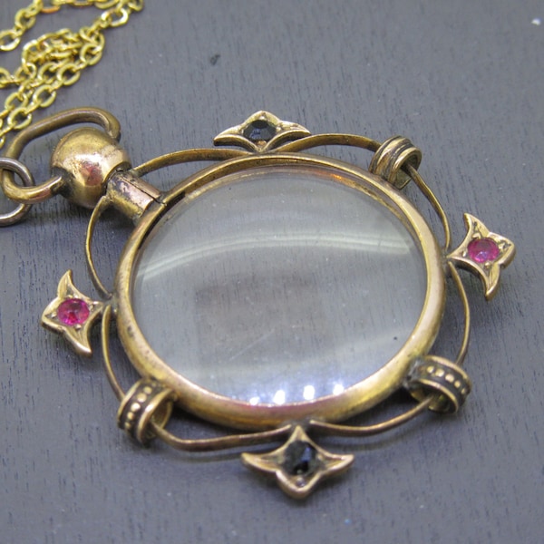 Antique Locket Necklace with Double Sided Cover Design with Rhinestones on 18" Chain, Antique Jewelry, Victorian Jewelry