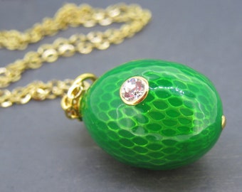 Vintage Bright Green Guilloche Enamel Egg Pendant Necklace with 18&quot; Chain with Rhinestone Accent