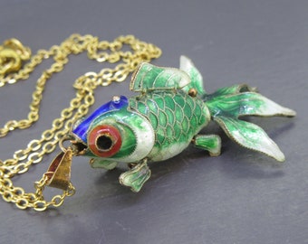 Sterling Green Enamel Articulated Koi Fish Pendant with 18" Chain