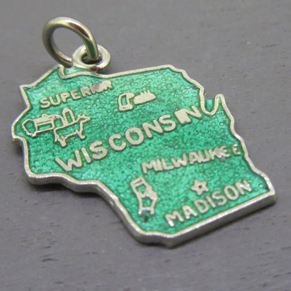 Enamel Sterling Wisconsin State Map Charm, Vintage Souvenir Charm for Superior, Madison, Milwaukee