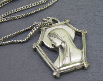 Vintage Sterling Silver Saint Mary Pendant Necklace, Virgin Mary Pendant, Religious Pendant with 18" Chain