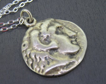 Vintage Sterling Alexander The Great Coin Replica Pendant Necklace on 18" Sterling Silver Chain