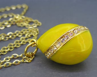 Vintage Yellow Guilloche Enamel Egg Pendant Necklace with 18&quot; Chain with Rhinestone Accents