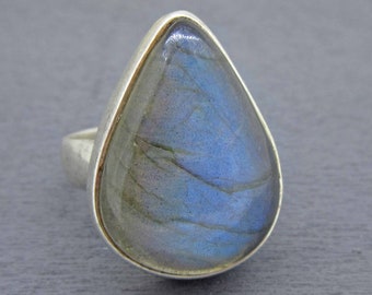 Sterling Silver Labradorite Ring with Large Teardrop Labradorite, Size 6.75, Size 6 3/4