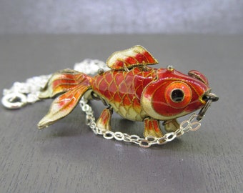 Vintage Sterling Enamel Articulated Goldfish Fish Pendant Necklace with 16" Sterling Chain