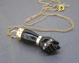 Antique 14k Gold Black Onyx Figa Pendant Necklace with 18" Chain