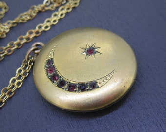 Antique Red Rhinestone Crescent Moon & Star Locket Necklace with 18" Chain, Antique Victorian Jewelry