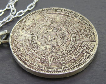 Vintage Sterling Aztec Calendar Pendant Necklace with 18" Chain