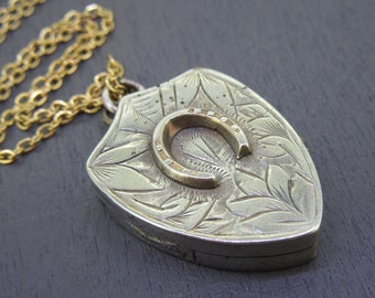 Antique Shield Locket Necklace with Horseshoe Design, 18" Chain