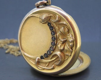 Antique Rhinestone Crescent Moon Rhinestone Locket Necklace with 18" Chain, Antique Victorian Jewelry