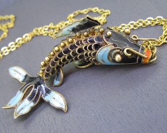 Sterling Black & Blue Enamel Articulated Koi Fish Pendant with 18" Chain