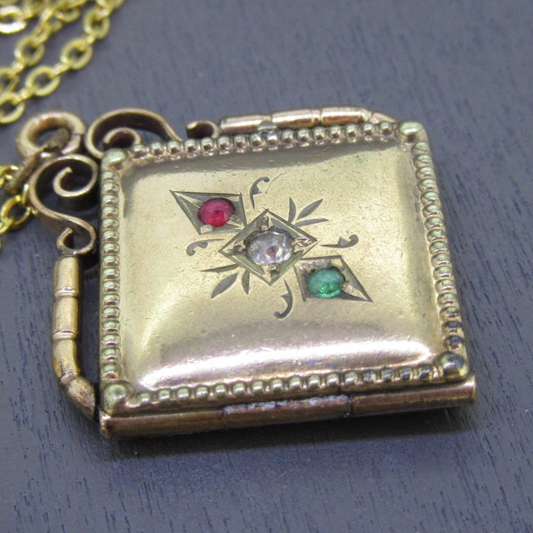 Antique Fob Locket Necklace with Rhinestones on 18" Chain