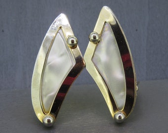 Vintage Jewelry Clip On Earrings Signed Leru with Iridescent White on Gold Tone Curved Frame, Modernist Mid Century Modern