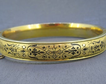 6 3/4" Vintage Gold Filled Hinged Bangle Bracelet with Black Enamel Design, Antique Style Bracelet by Simmons