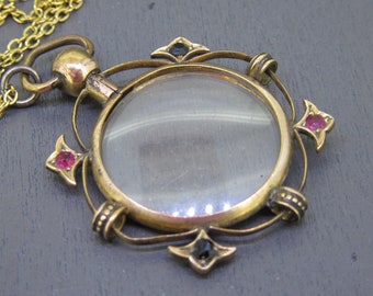 Antique Locket Necklace with Double Sided Cover Design with Rhinestones on 18" Chain, Antique Jewelry, Victorian Jewelry