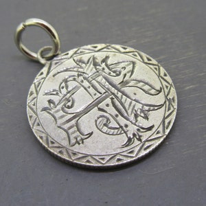 Antique Sterling Love Token Charm or Pendant, Monogrammed RHM Love Token Charm, Antique Sterling Silver Seated Liberty Dime 1869